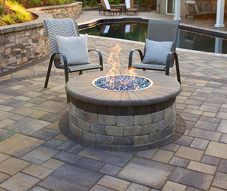 lit fire pit on patio